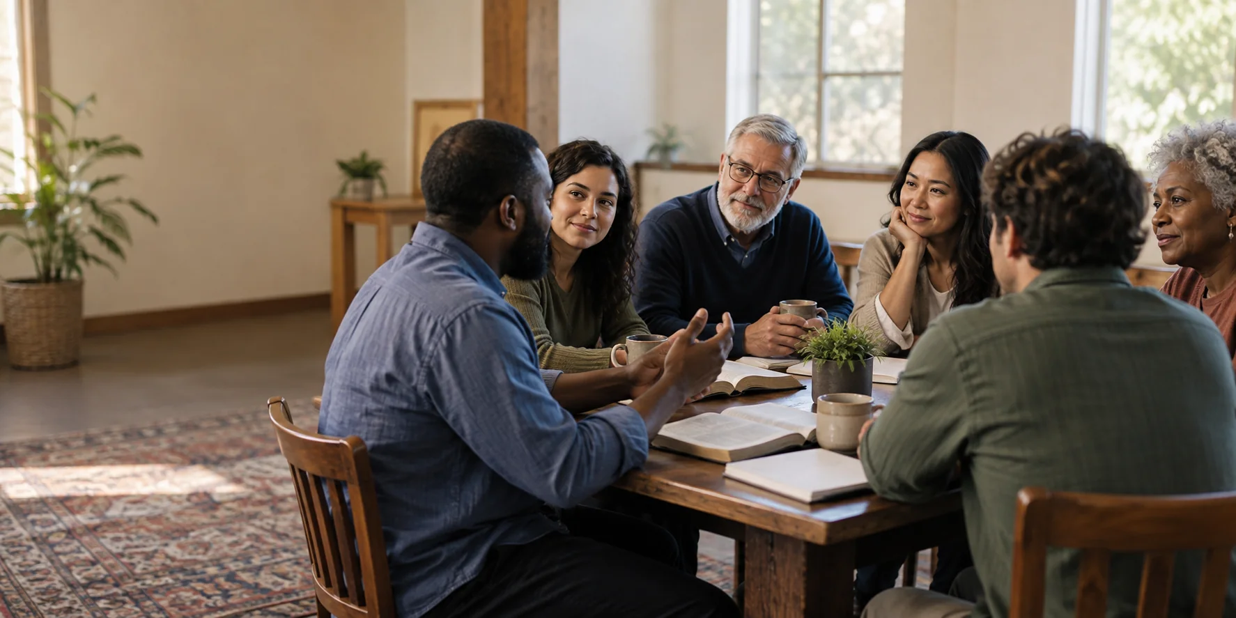 A small group gathered for a Bible study around a table